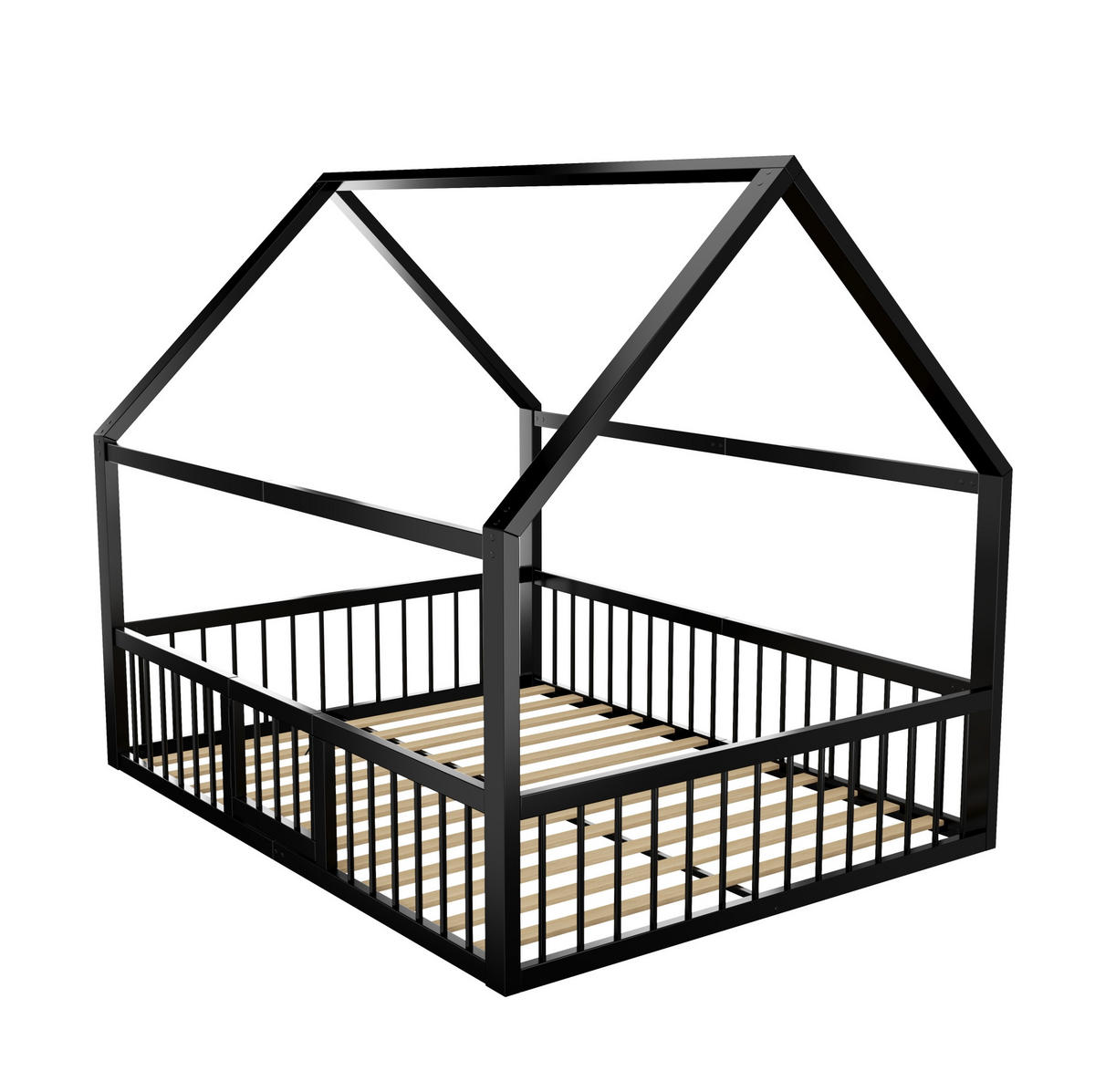 KINDERBETT 140/200 cm aus Metall mit Dachgestell, Sicherheitsgeländer und Tür, Schwarz - Schwarz, Metall (140/200cm) - Redom