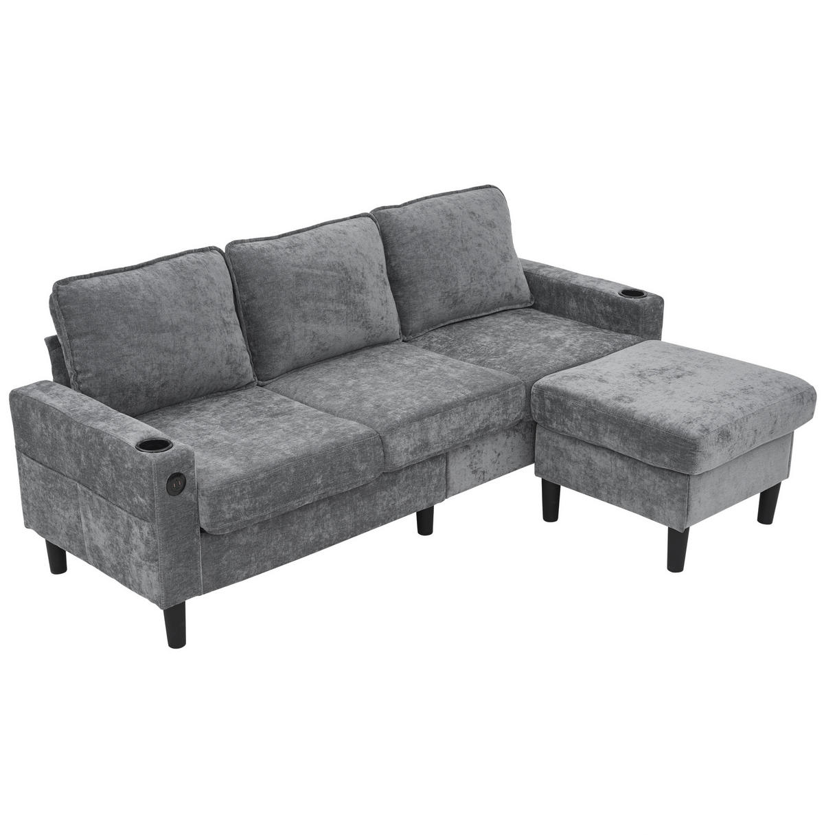 ECKSOFA L-Form Leinen mit USB-Anschluss und Typ-C Getränkehalter 202/137/80 cm Grau - Grau, Textil (137/202cm) - Redom