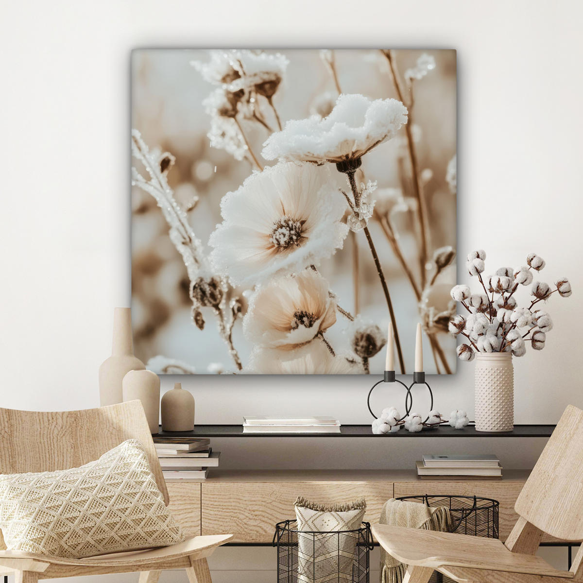 LEINWANDBILD Blumen - Winter - Weiß - Schnee - Beige 90x90 cm - Creme, Textil (90/90cm) - MuchoWow