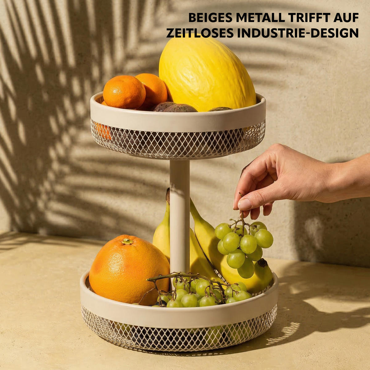 OBSTETAGERE, rund, 2-stöckig, Ø 20 cm und 25 cm, beige, Metall - Beige, Metall (25/31cm) - eluno