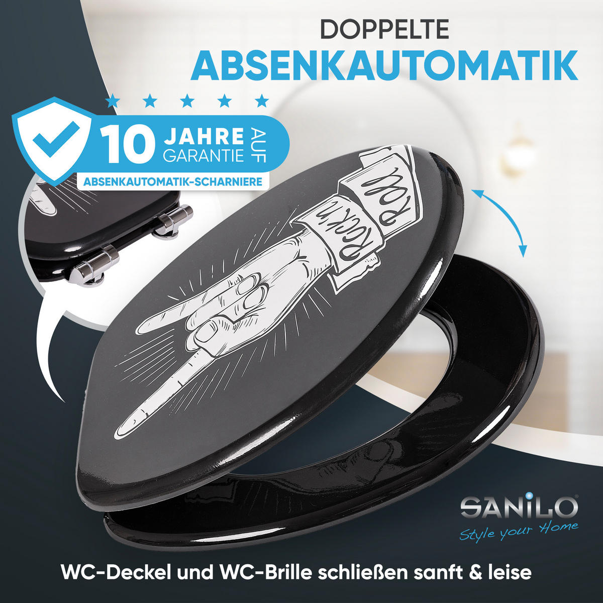 WC-SITZ Absenkautomatik Rock 'n' Roll - Schwarz, Holzwerkstoff (38/6/47cm) - Sanilo