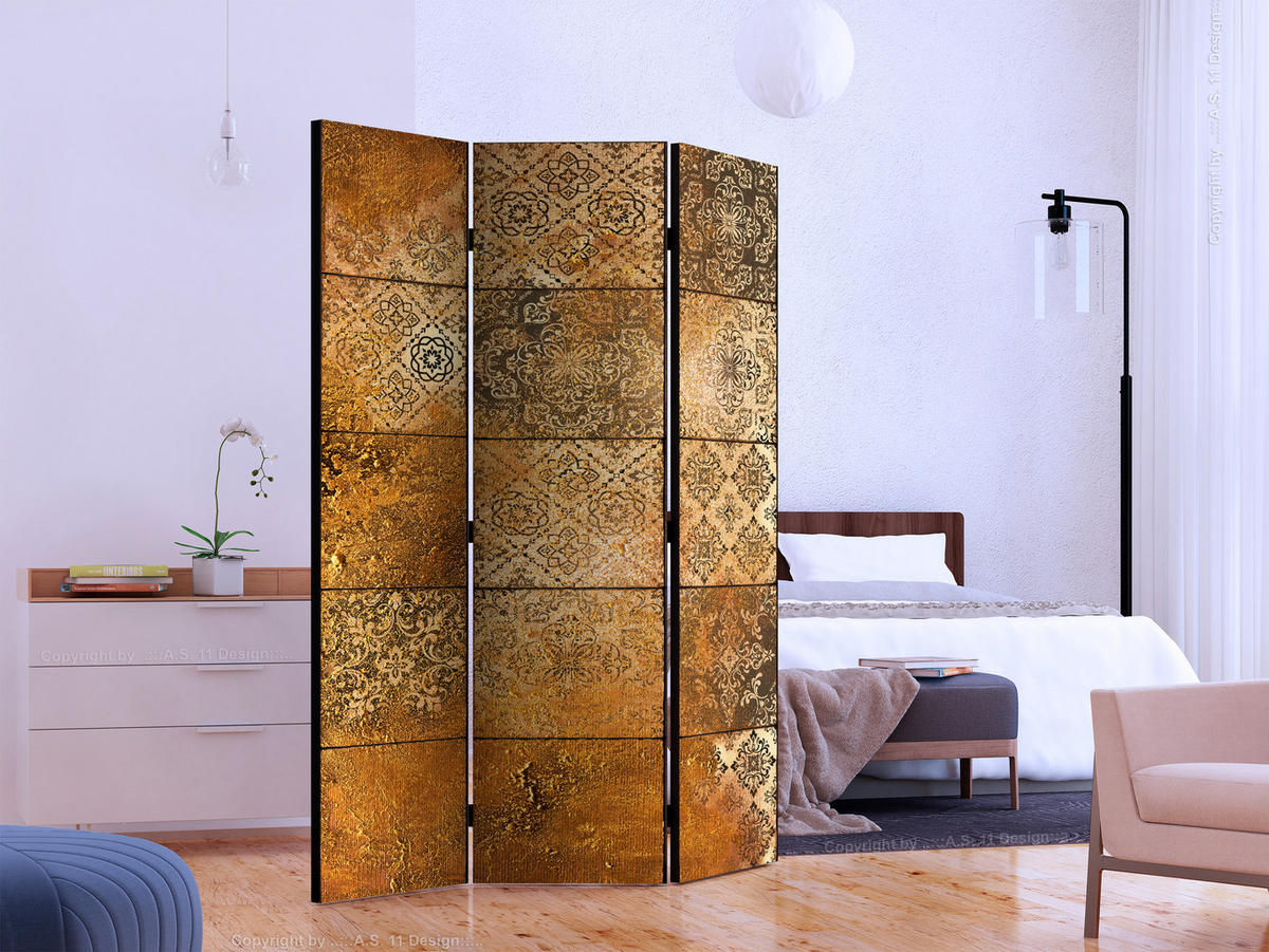 PARAVENT Beidseitig Bedruckter 3-tlg 135x172 cm Vintage Mosaikfliesen - Beige, Holz/Textil (135/172/3cm) - Muralo