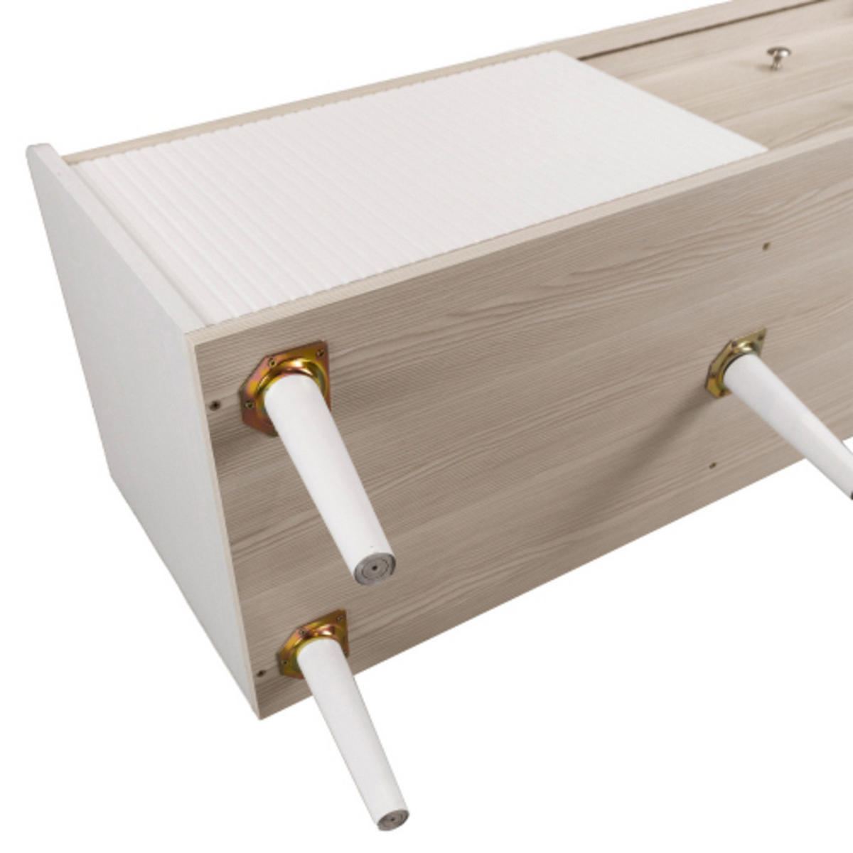 LOWBOARD Weiß aus Spanplatte mit gestreiften Schiebetüren und Massivholzbeinen 160×40×58 cm - Weiß, Holzwerkstoff (160/58/40cm) - Luhomfu