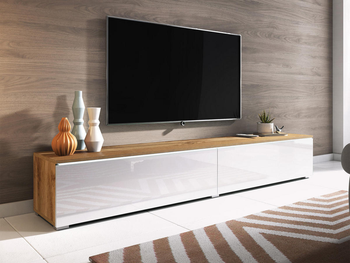 TV-LOWBOARD D180 mit weißer LED Beleuchtung - Weiß Hochglanz/Silberfarben, Holzwerkstoff/Kunststoff (180/30/33cm) - MIRJAN24