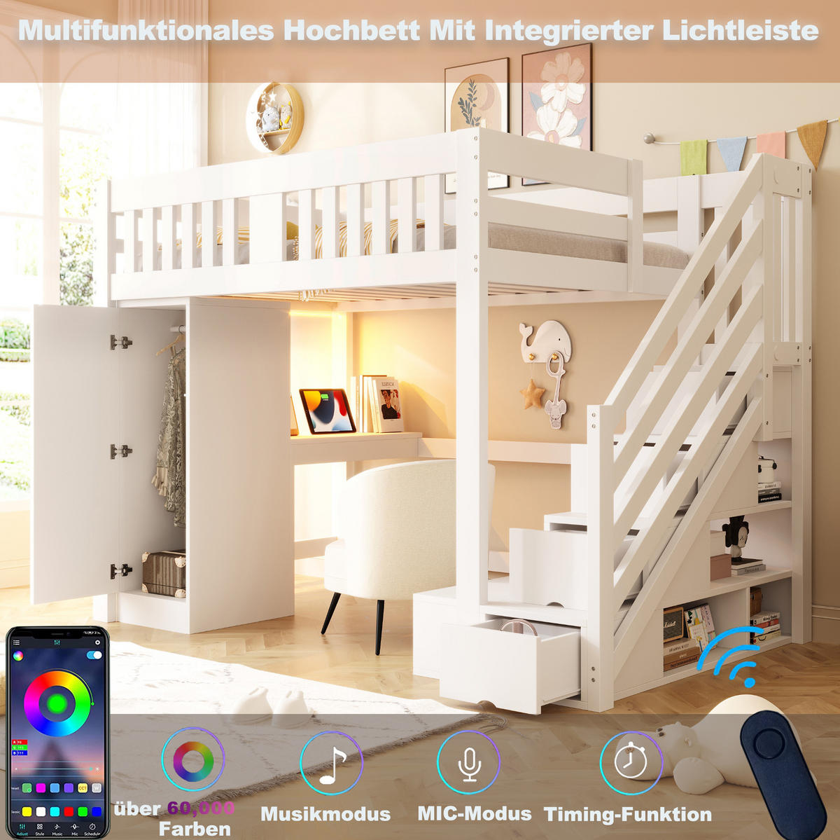 HOCHBETT 140/200 cm weiß aus Holz mit Stauraumtreppe, Schreibtisch und LED - Weiß, Holzwerkstoff (140/200cm) - OKWISH