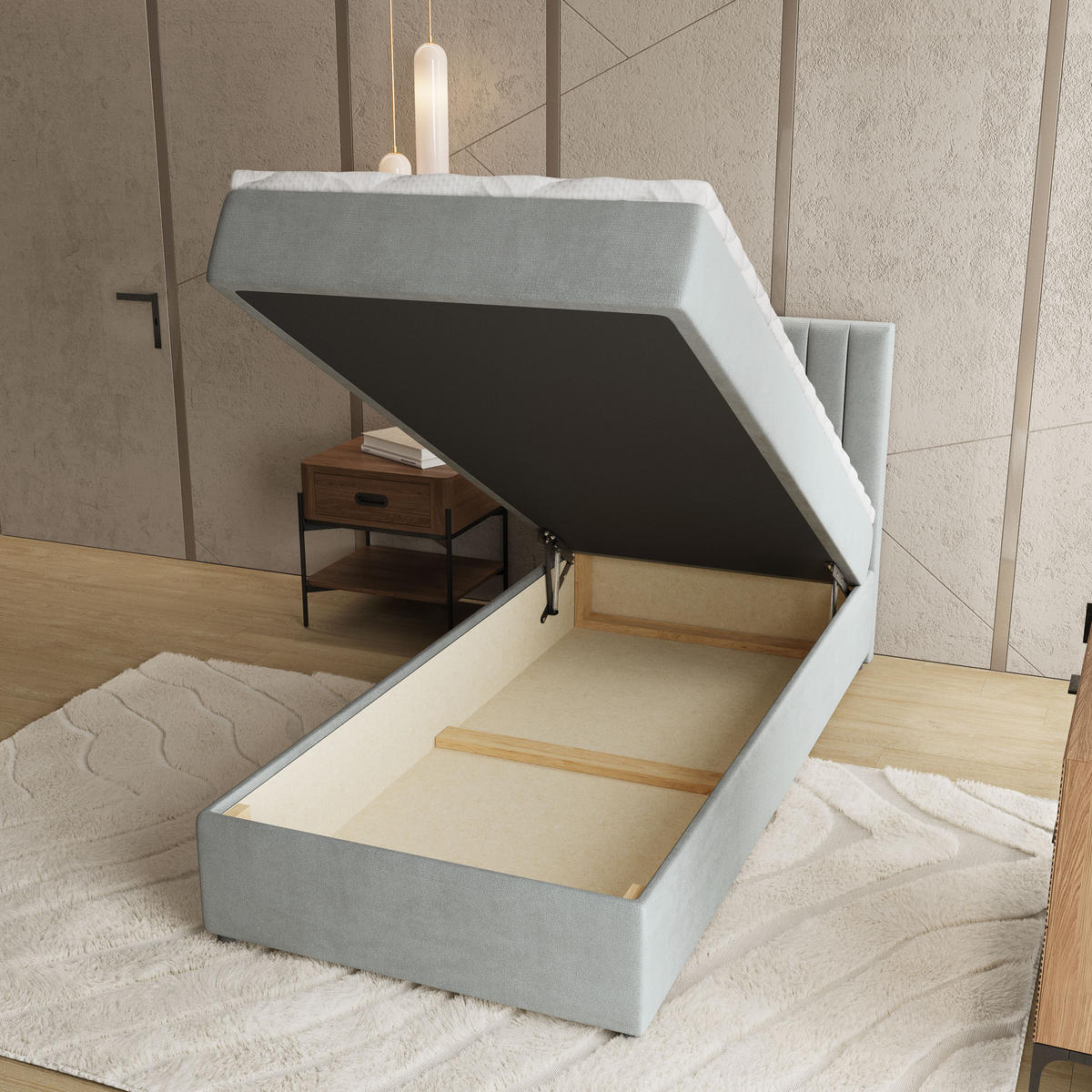 BOXBETT BRESEL 80 80x200 cm mit Matratze und Topper, H2+H3 - Hellgrau - Hellgrau, Holz (80/200cm) - MASSENO