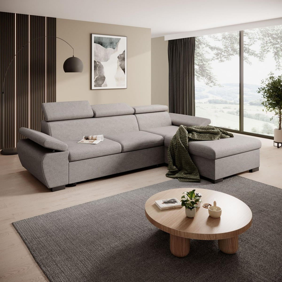 ECKSCHLAFSOFA Coco mit verstellbare Kopfstützen, grau, rechts - Grau, Textil (273/191cm) - Beautysofa