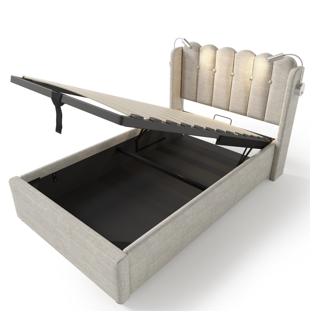 POLSTERBETT aus Leinen 90x200 cm in Natur mit Leselicht & USB-Ladefunktion - Naturfarben, Textil (90/200cm) - Modfu