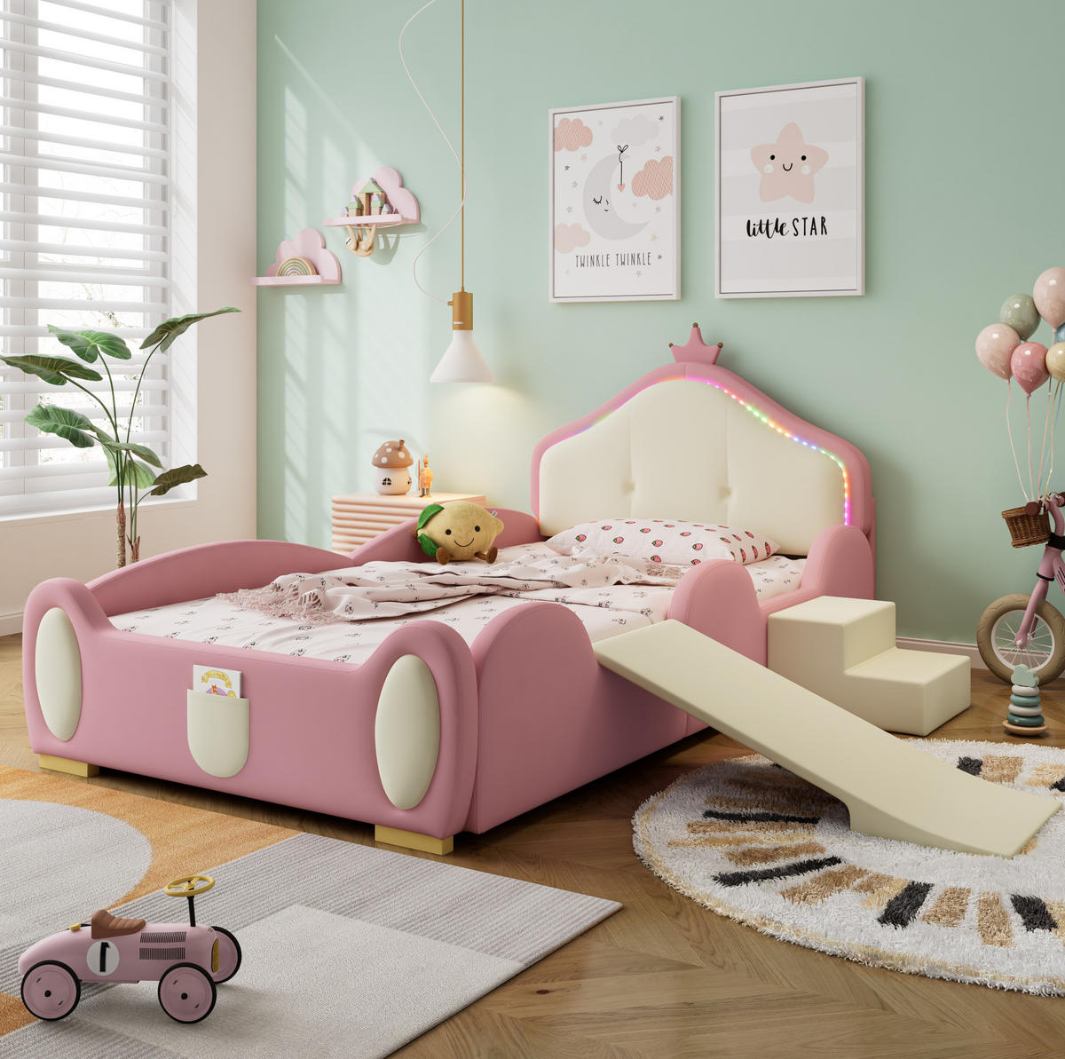 KINDERBETT 90/200 cm mit Rutsche, Treppe und LED – Polsterbett in Rosa/Beige - Rosa, Kunststoff (90/200cm) - BEAOK