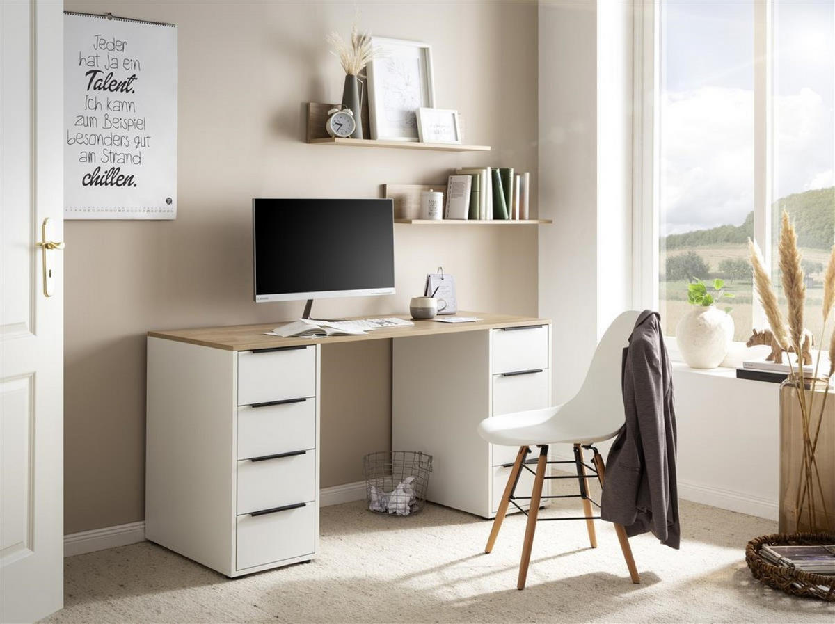 SCHREIBTISCH Kangaroo 73x140x55,5 cm 8 Schubladen Eiche/Weiß - Weiß, Holz (55.5/140/73cm) - PROREGAL