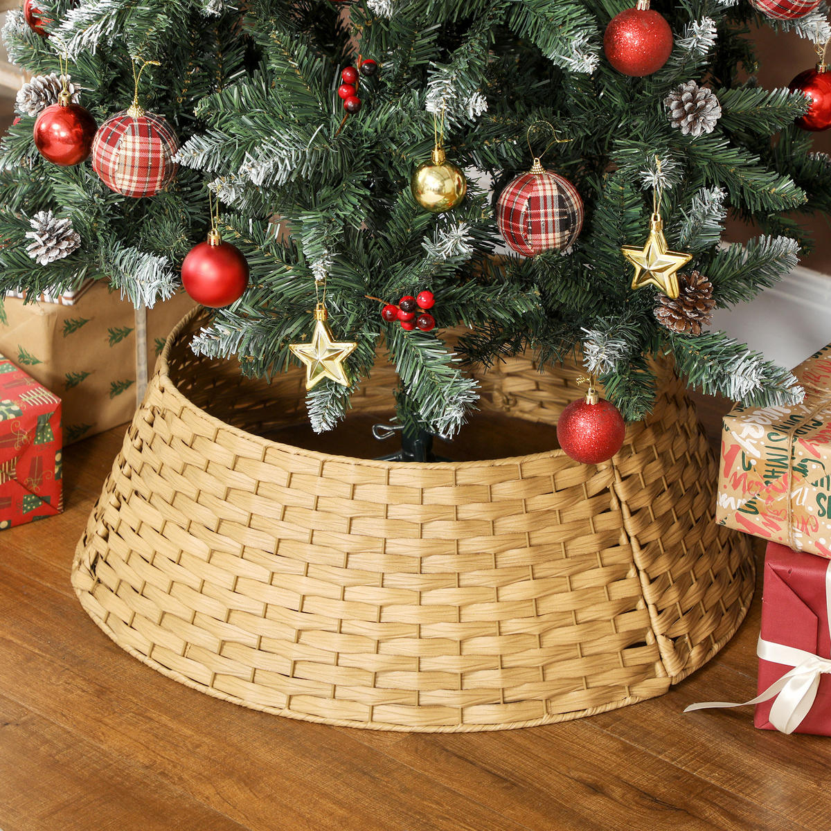 WEIHNACHTSBAUMROCK Ø 68cm Weihnachtsbaum Kragen aus Kunststoff Naturholz - Naturfarben, Kunststoff (22cm) - HOMCOM