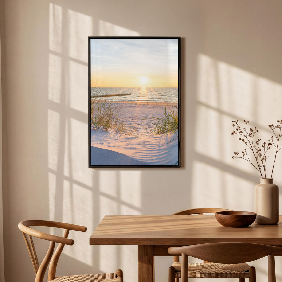 LEINWAND Bilder mit Rahmen - Strand - Sonne - Düne - Gras - Sand - Horizont - 60x90 - Hellblau, Textil (60/90cm) - MuchoWow