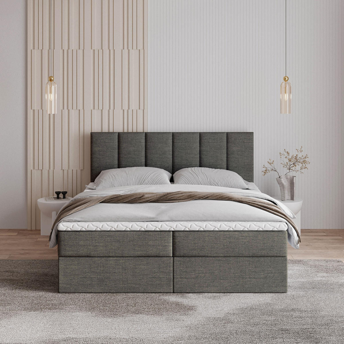 BOXBETT MERIL 180x200 cm mit Matratze und Topper - Dunkelgrau - Dunkelgrau, Holz (180/200cm) - MASSENO