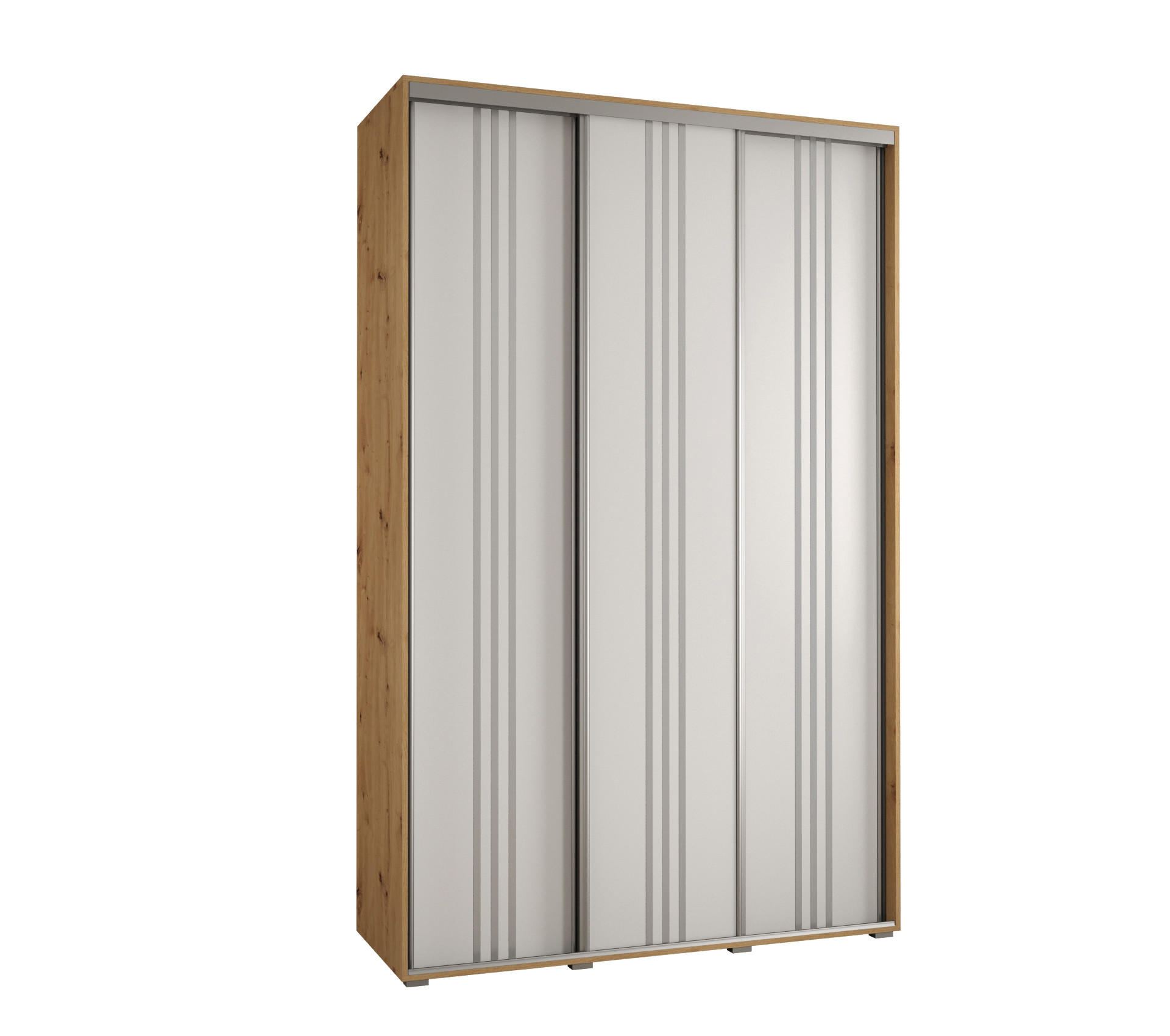 Abiks Möbel SCHWEBETÜRENSCHRANK Eiche Artisan, Weiß, Silber 150cm × 45cm × 235cm