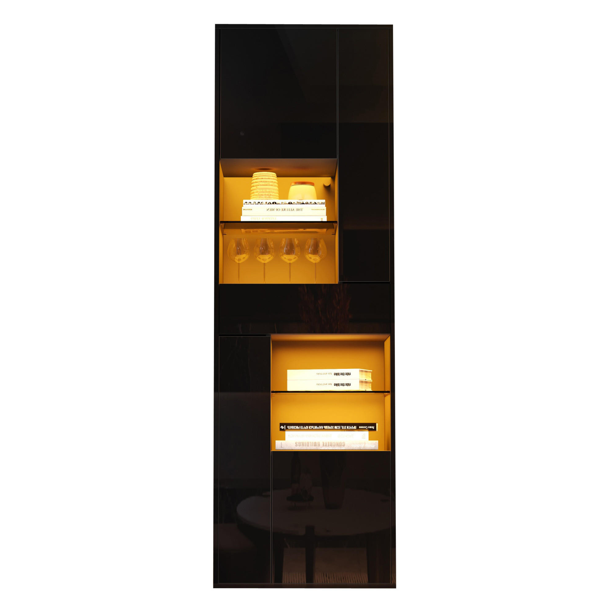 Modfu VITRÍNA z dřevotřísky 55x170x38 cm černá s LED osvětlením, zásuvkou, nastavitelnými policemi a vysokým leskem