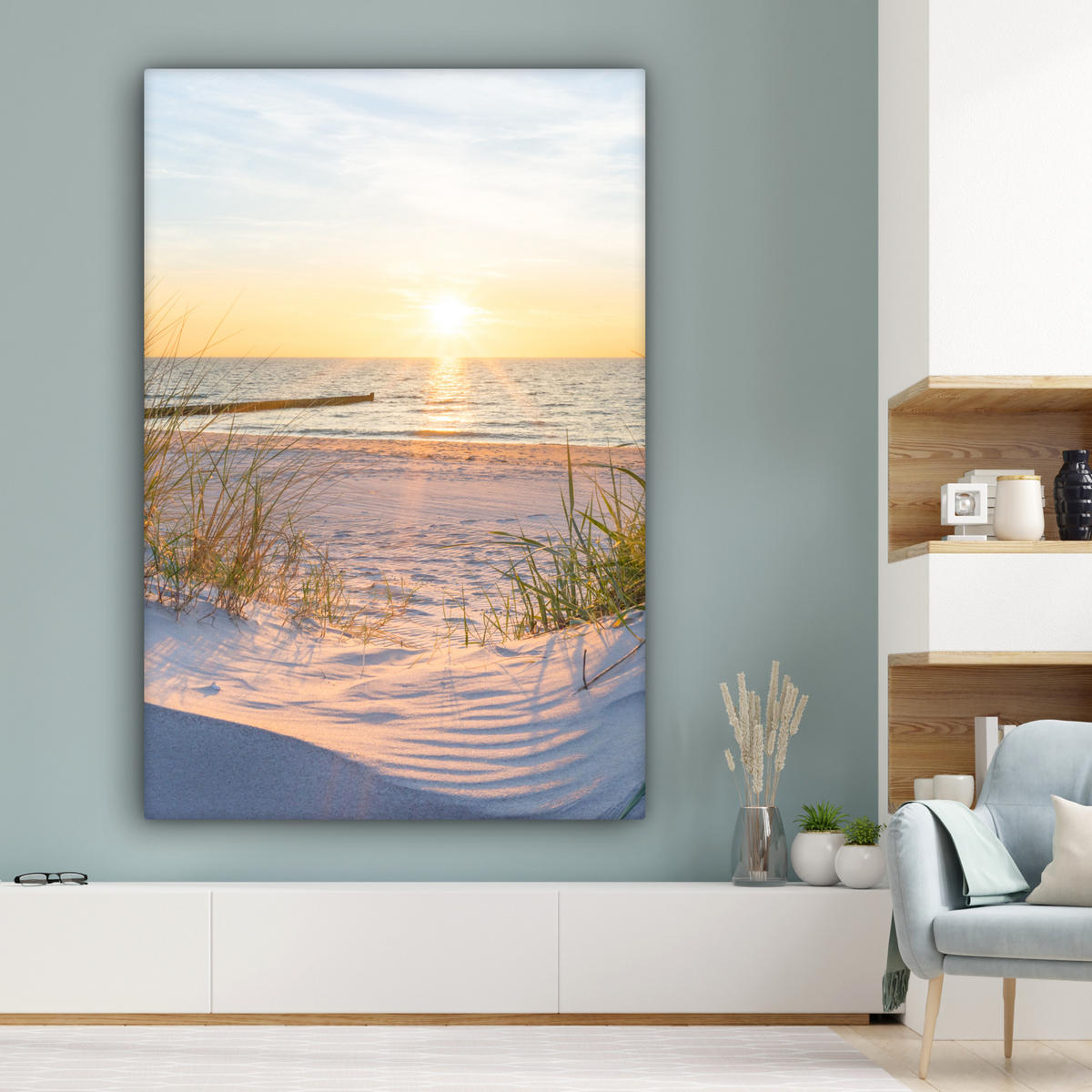 SLIKA NA PLATNU Plaža 90x140 cm - svetlo modra, tekstil (90/140cm) - MuchoWow