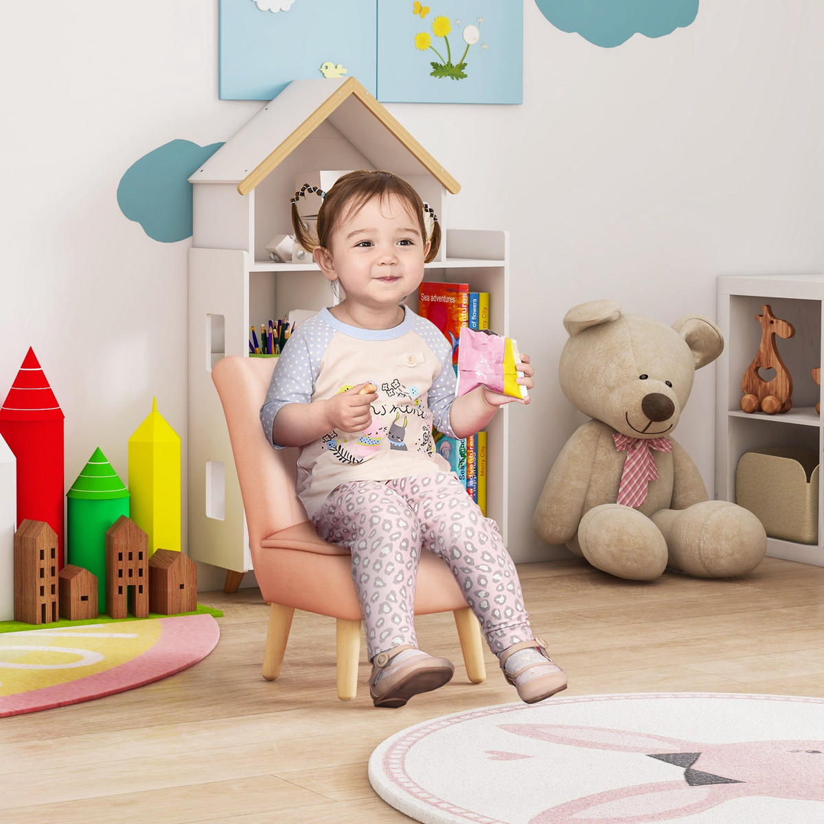 KINDERSESSEL, Kindersofa mit Samtoptik, Holzbeine, Kinderstuhl für 3-7 Kinder - Rosa, Holz (45/56.5/44cm) - AIYAPLAY