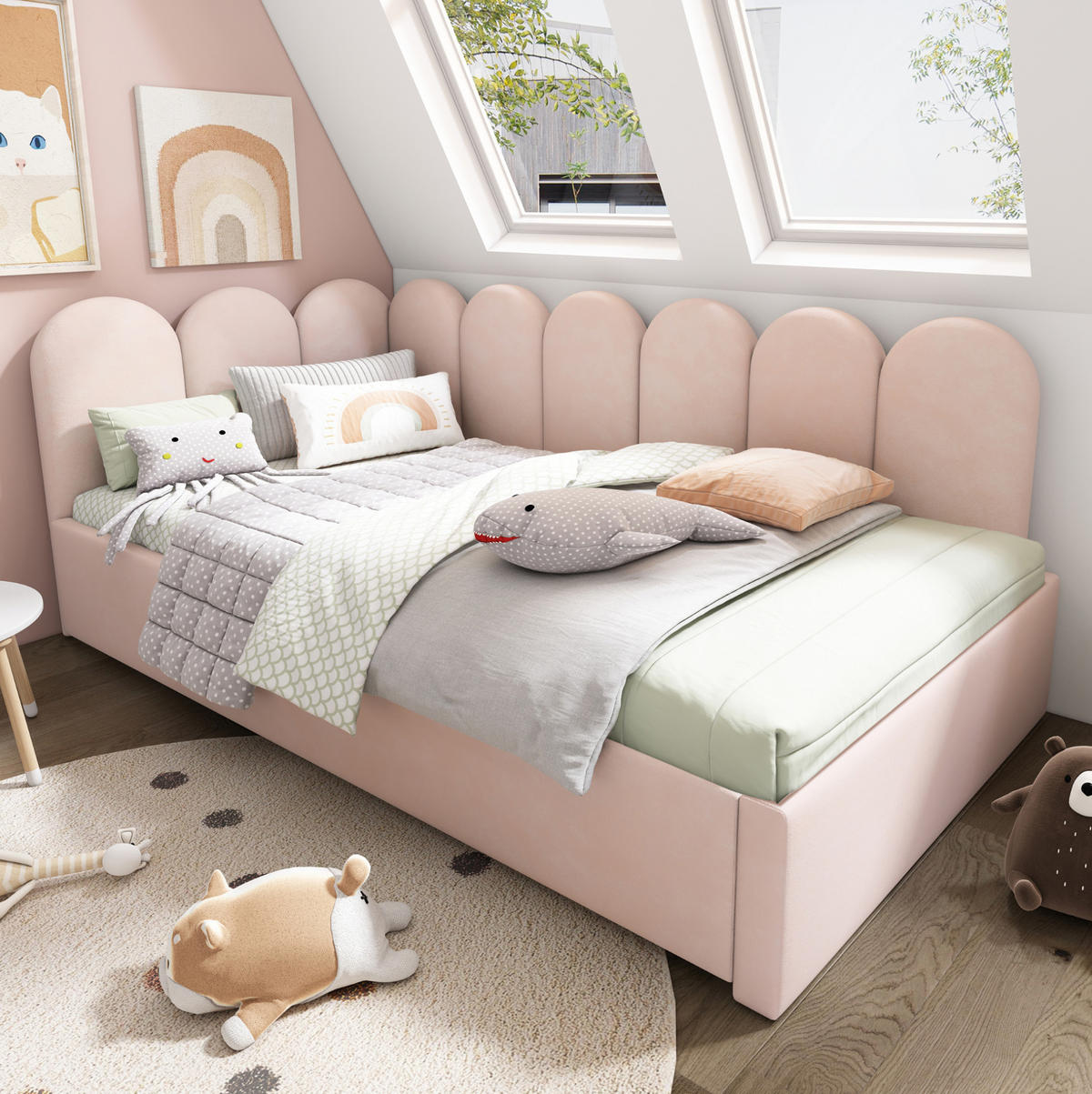 POLSTERBETT 90/200 cm mit Ausziehbett, verspieltem Gitter-Design und Samtbezug, Rosa - Rosa, Textil (90/200cm) - Redom