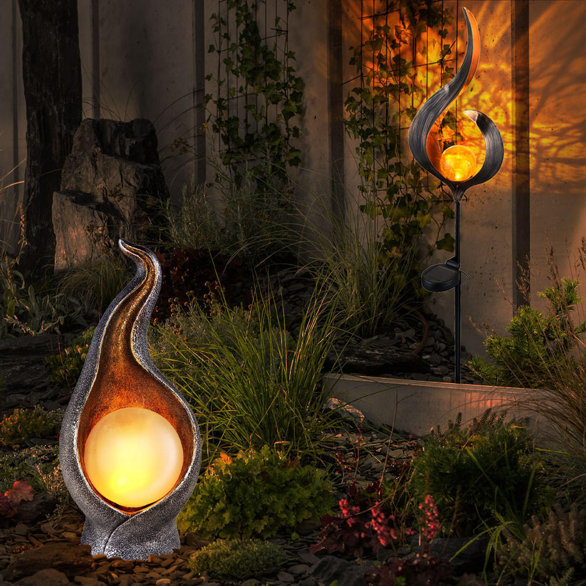 LED AUSSENLEUCHTE Bronze Solarlampe Flammenform 2er Set - Bronzefarben, Glas (16.7/6/90cm)