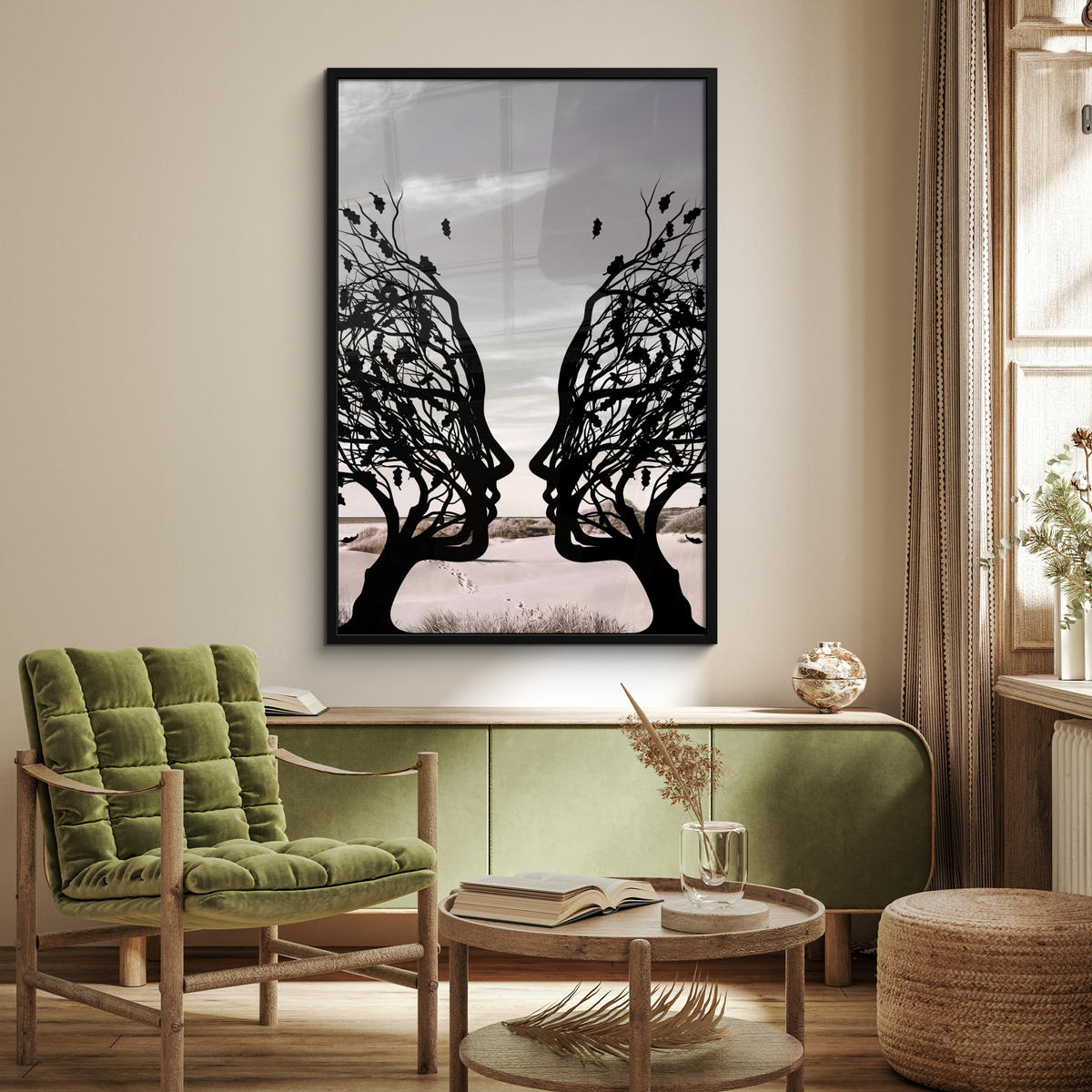 GERAHMTES BILD Strand - Meer - Menschen - Baum - Moderne Kunst 80x120 cm - Hellgrau, Papier (80/120cm) - MuchoWow