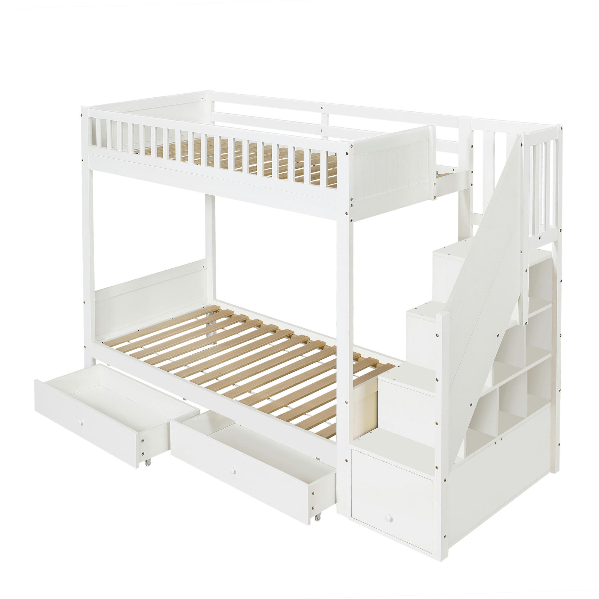 ETAGENBETT 90/200 cm mit Stauraumtreppe und Bettkästen, DE-41747, in Weiß - Weiß, Holzwerkstoff (90/200cm) - ComfortXL