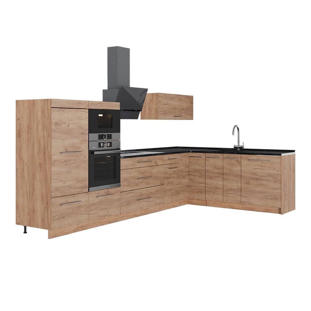HÖRNKÖK Fame-Line, Goldkraft ek/Goldkraft ek, 347 x 207 cm, AP Antracit - Honungsek, Träbaserade material (347/153.6/60cm) - Vicco