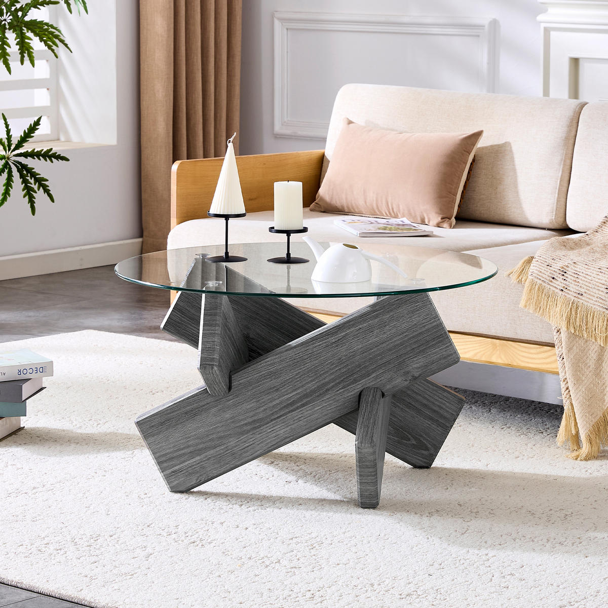 COUCHTISCH 79 cm Grau mit Glasoberfläche und kreativen Kreuz-Stützen - Grau, Holzwerkstoff (79/79/45cm) - OKWISH