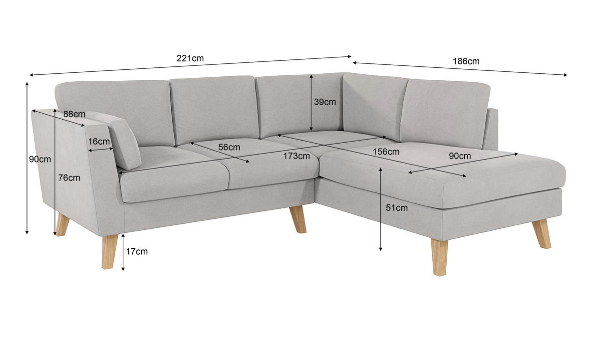 ECKSOFA Mario Silber Microfaser - Silberfarben/Naturfarben, Buchenholz/Textil (221/186cm) - S-Style Möbel