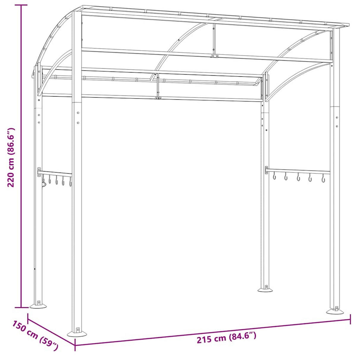 BBQ-PAVILLON 215/150/220 Cm Anthrazit Stahl - Anthrazit, Metall (215/220/150cm) - vidaXL