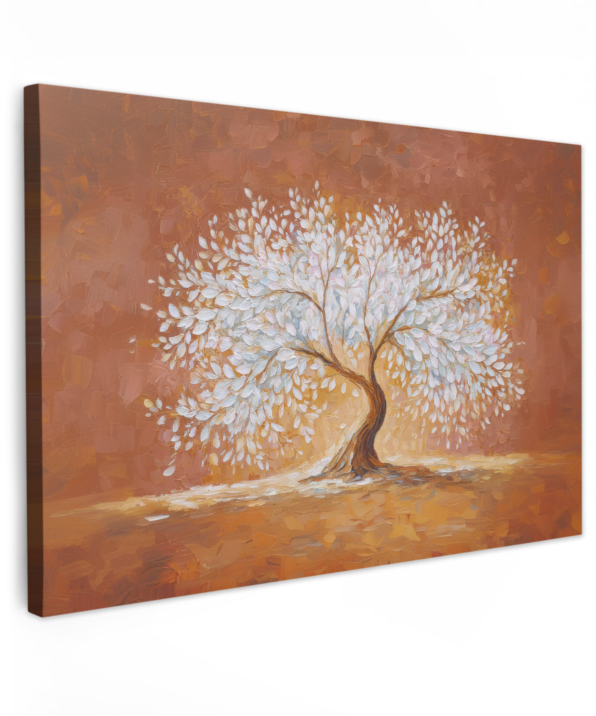 LEINWANDBILD Abstrakt - Baum - Weiß - Blätter XXL 150x100 cm - Braun, Textil (150/100cm) - MuchoWow