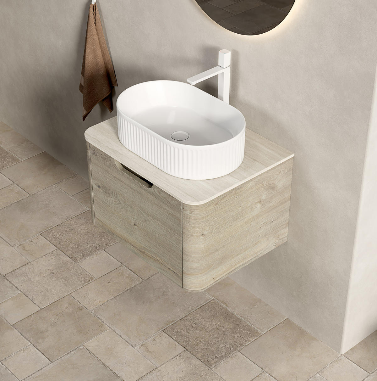 WASCHTISCHKOMBI 60x46x50.2cm Beige/Weiß mit ovalem Keramikbecken & Travertin-Arbeitsplatte - Creme, Keramik (60/50.2/46cm) - Modfu