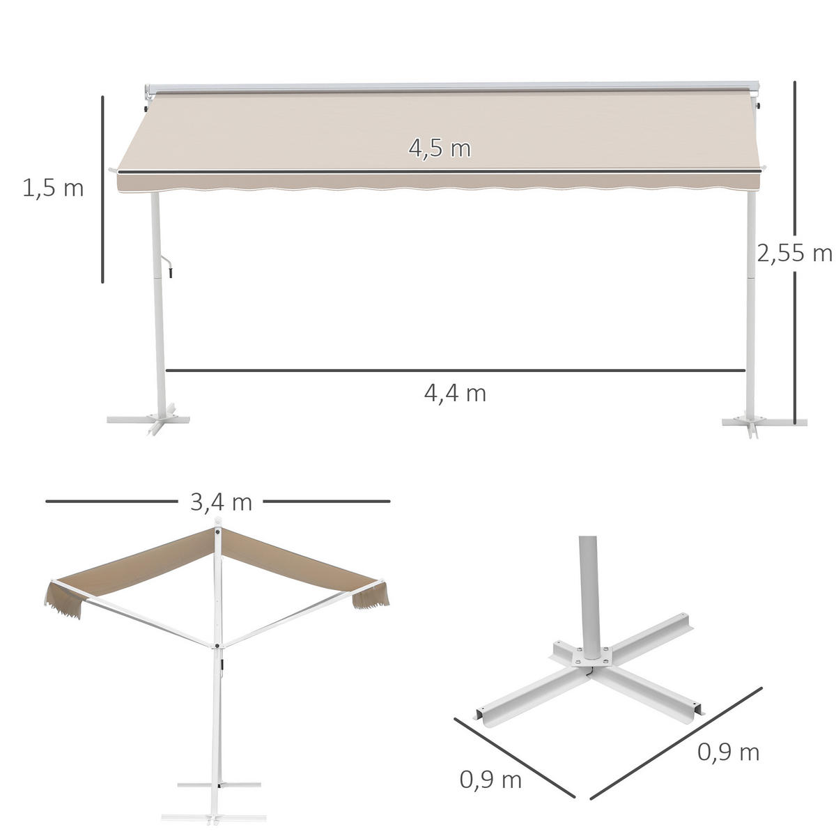 STANDMARKISE Alu+Metall Crème - Creme, Kunststoff/Metall (340/255/450cm) - Outsunny