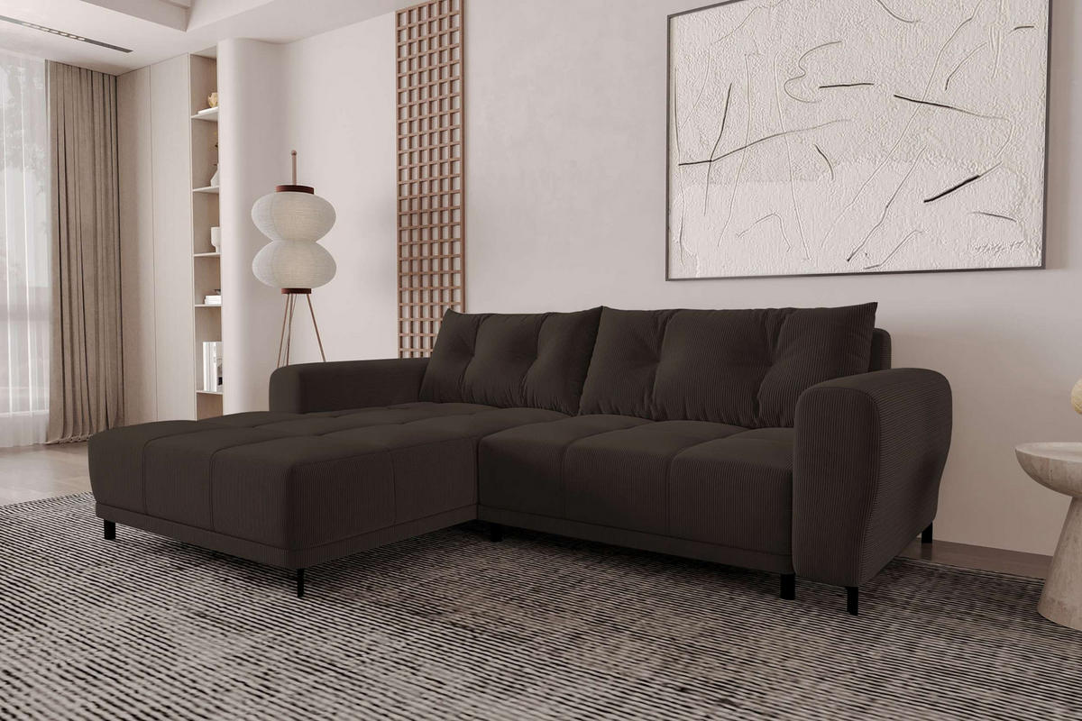 ECKSOFA Massimo Cordstoff Braun inkl. Schlaffunktion Links - Schwarz/Braun, Textil/Metall (246/177cm) - 99rooms