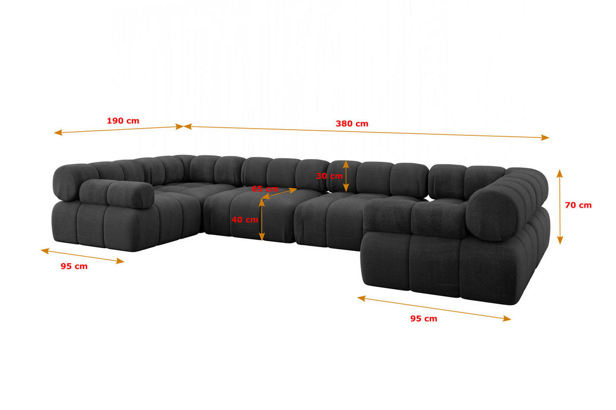 WOHNLANDSCHAFT modulares Sofa Birno-U2 - 380x190x70 cm Schwarz Velours - Schwarz, Holzwerkstoff/Textil (380/70/190cm) - ALTDECOR