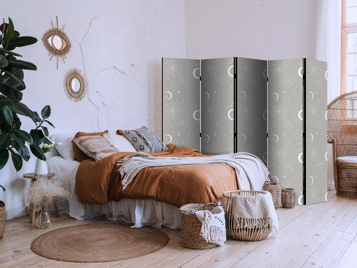 PARAVENT Einseitig Bedruckter 5-tlg 225x172 cm Mond Sterne - Grau, Holz/Textil (225/172/3cm) - Muralo