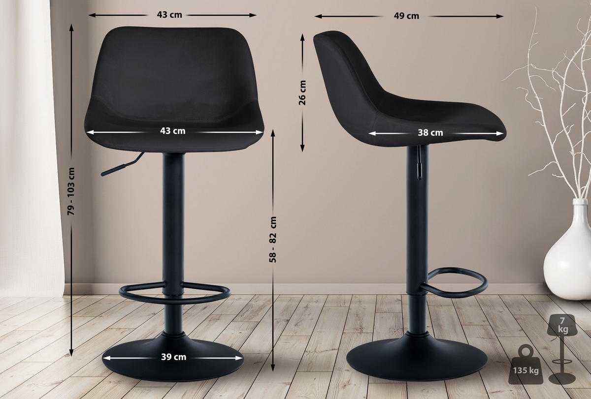 BARHOCKER 2er Set Lotus Samt schwarz - Schwarz, Textil/Metall (43/103/49cm) - TPFLiving
