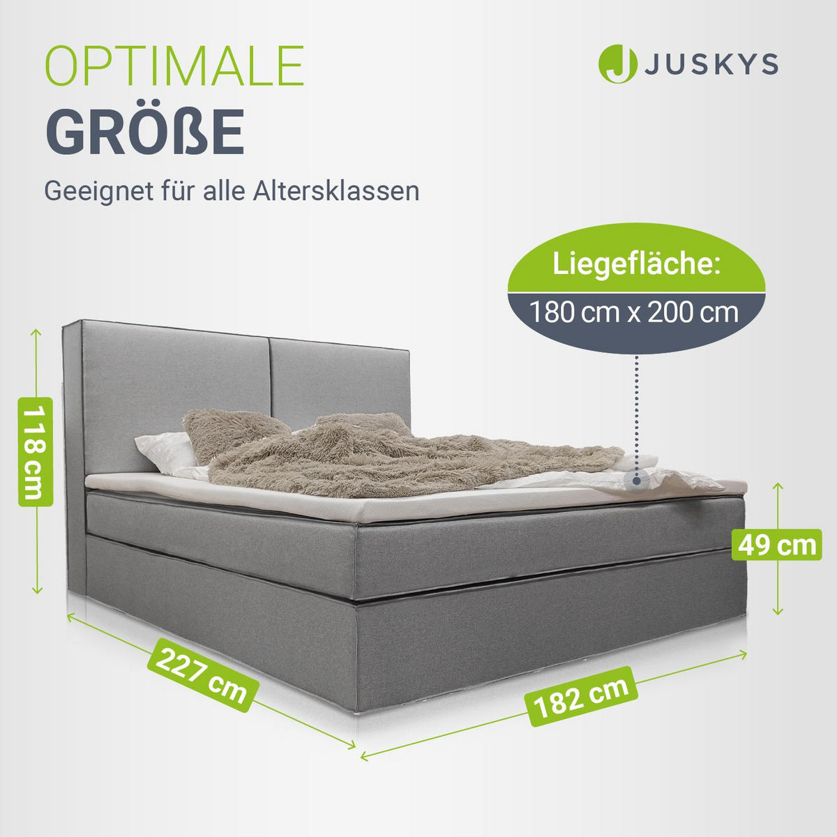 BOXBETT Detroit 180x200 cm Stoff Grau - Grau, Textil (180/200cm) - Juskys