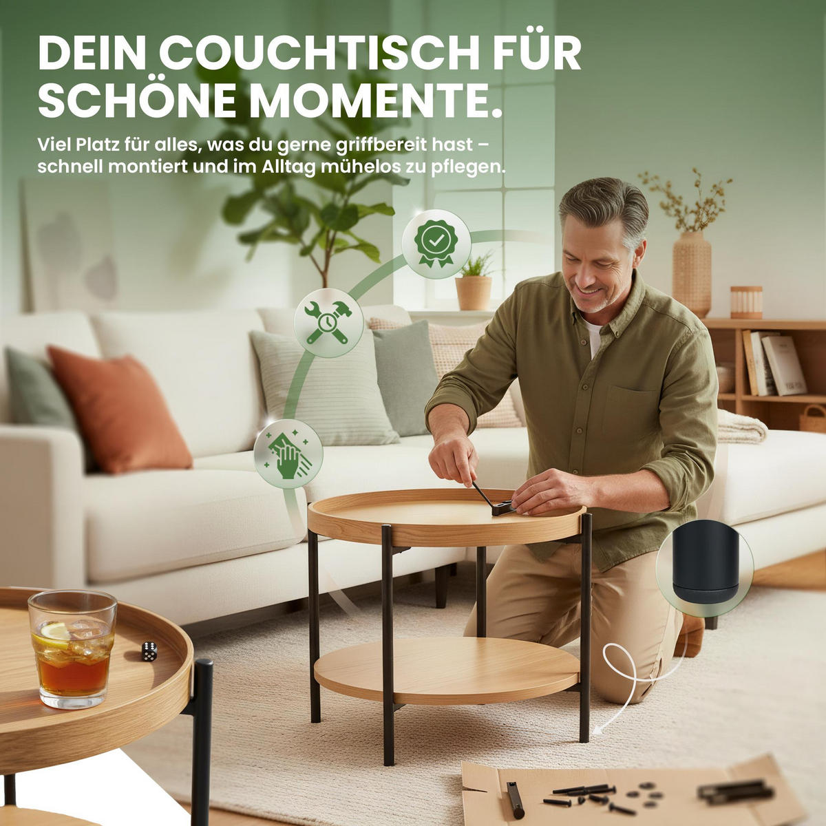 BEISTELLTISCH rund 80 cm Holz Natura - Eukalyptusholzfarben/Schwarz, Holz/Metall (80/80/40cm) - CLP