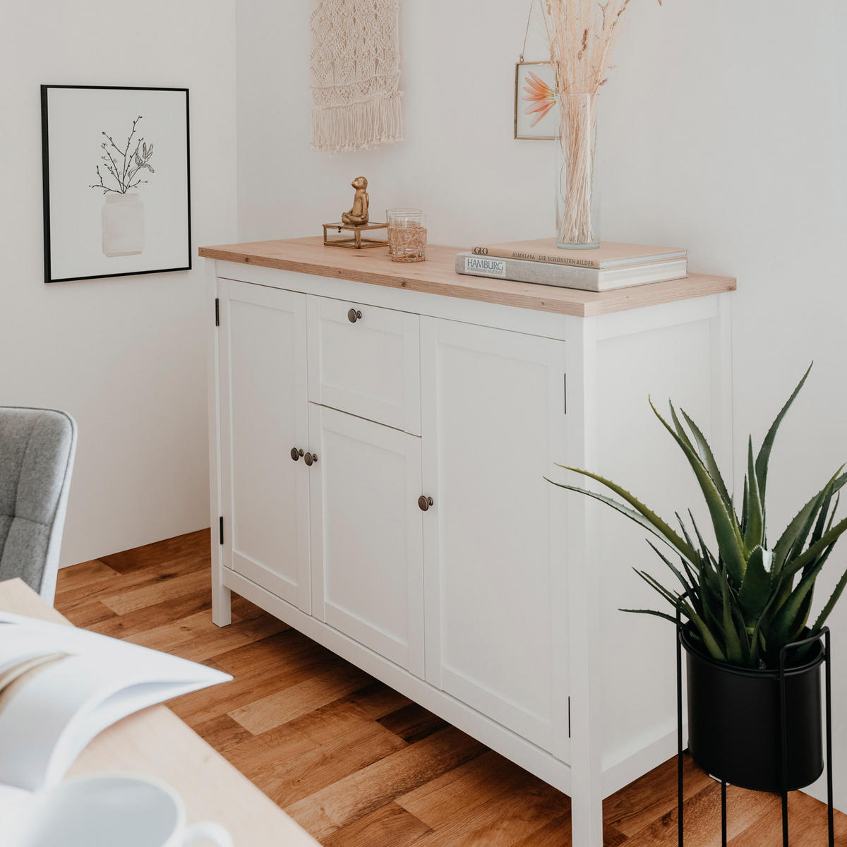 SIDEBOARD 120/90/40 cm Weiß, Natur - Chromfarben/Weiß, Holz (120/90/40cm) - Homestyle4u