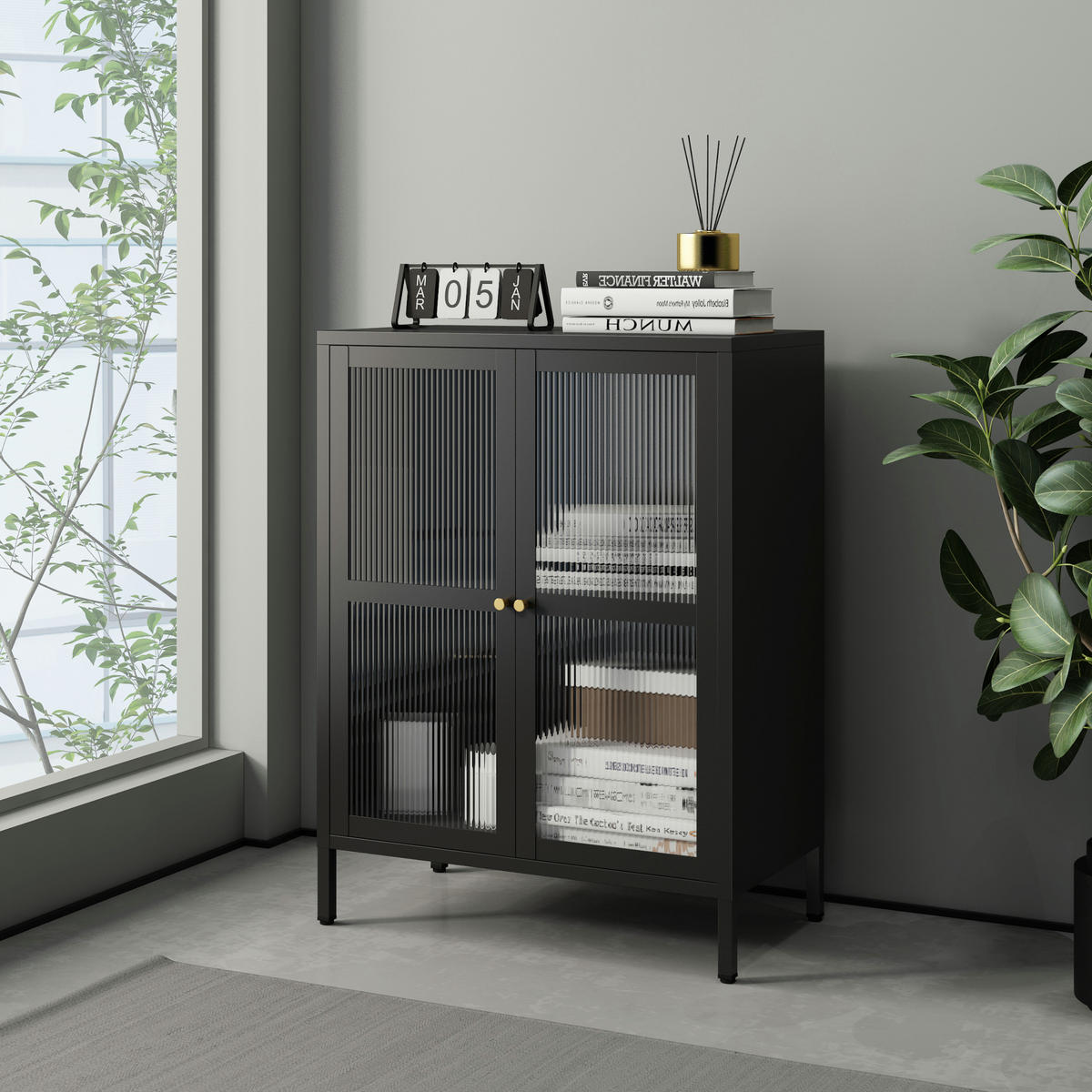 VITRINE Säkylä - Transparent/Schwarz, Glas/Metall (64/84/35cm) - [en.casa]