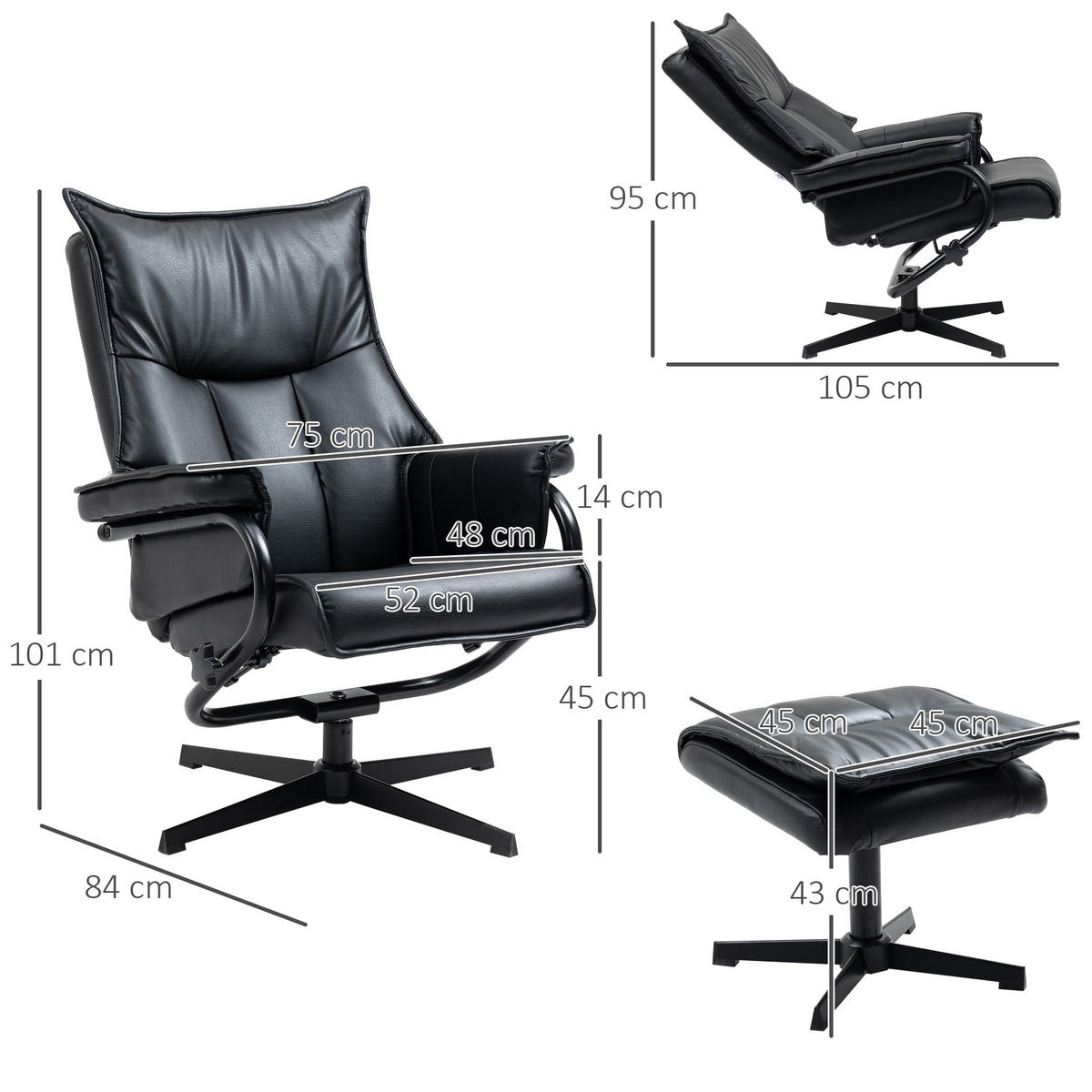 SESSEL Schwarz 75.0/84.0/101.0cm - Schwarz, Leder (84/101/75cm)