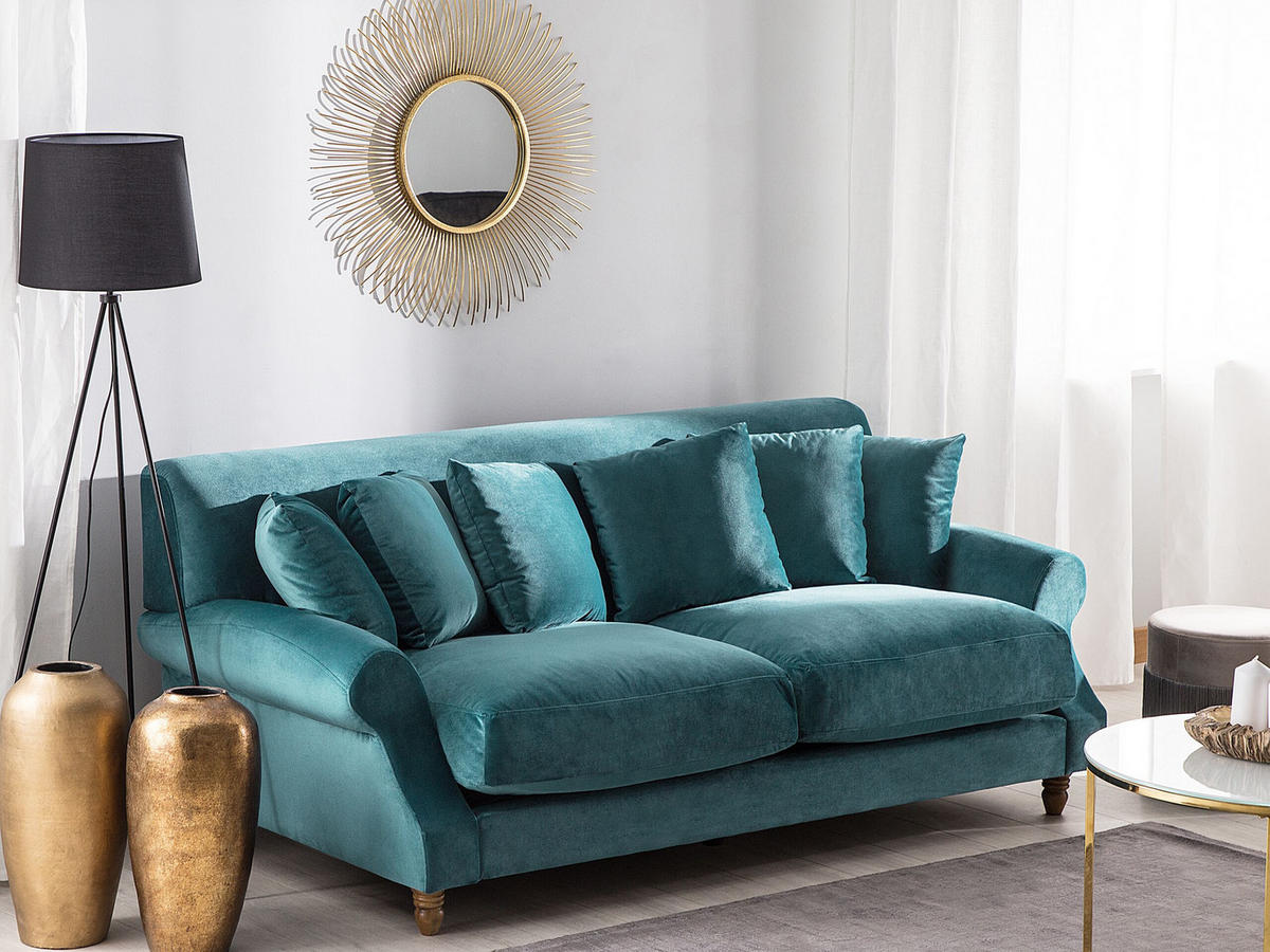 3-SITZER-SOFA Samtstoff Blaugrün Eike - Hellgrün, Textil (186/82/102cm) - Beliani