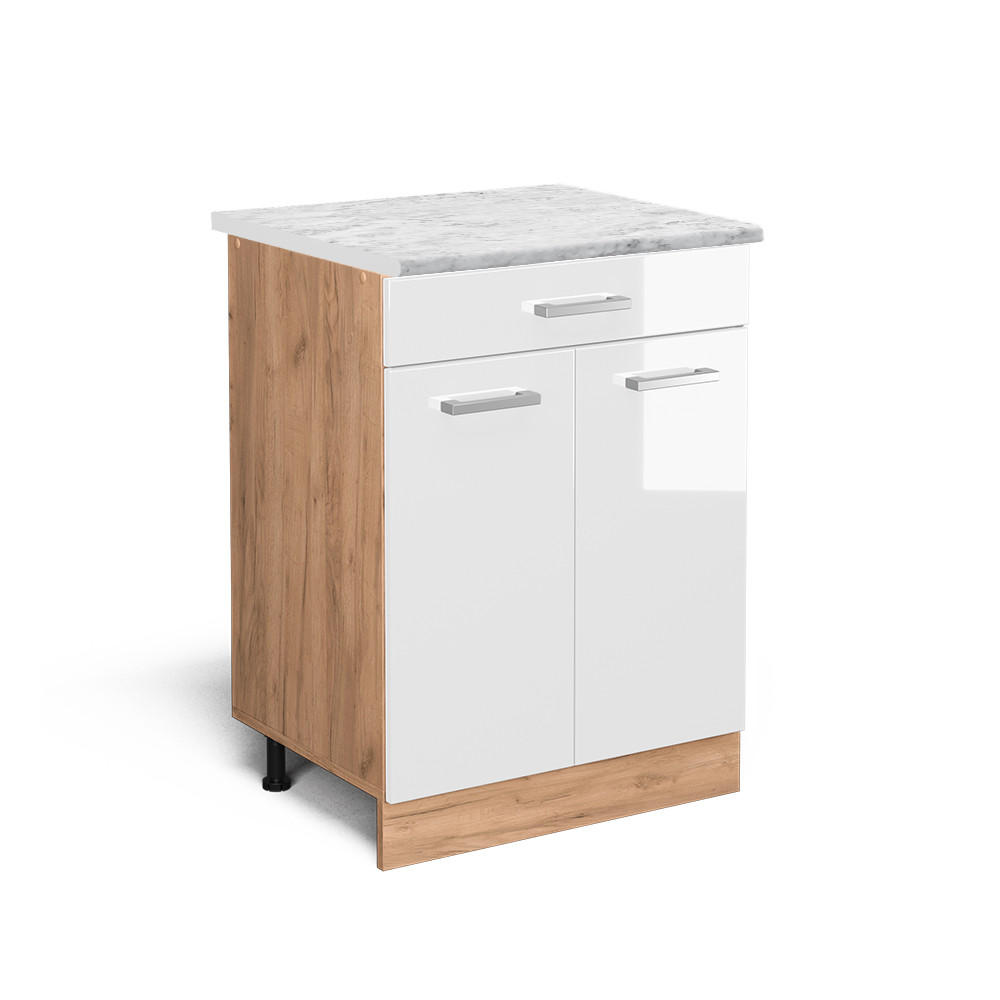 KÜCHENUNTERSCHRANK R-Line Weiß Hochglanz 60 cm AP Marmor - Honigeiche/Weiß Hochglanz, Holzwerkstoff (60/81.6/60cm) - Vicco