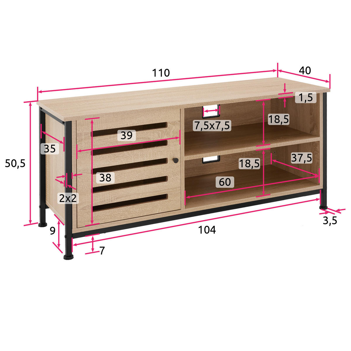 TV-BOARD Galway,110 x 41,5 x 50,5 cm,Industrial Holz hell, Eiche Sonoma - Naturfarben, Holzwerkstoff (41.5/50.5/110cm) - tectake