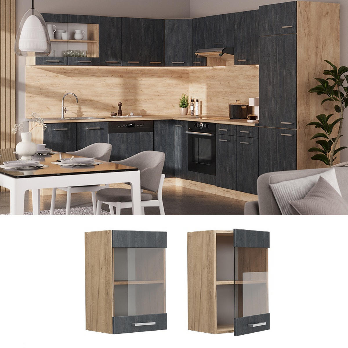 KÜCHENGLASSCHRANK R-Line Schwarz Beton 40 cm - Eichefarben/Schwarz, Holzwerkstoff (40/60/31cm) - Vicco