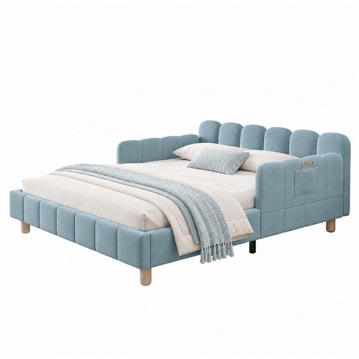 POLSTERBETT 140x200cm, Blau, Samt, Rausfallschutz - Blau, Textil (140/200cm) - FLIEKS