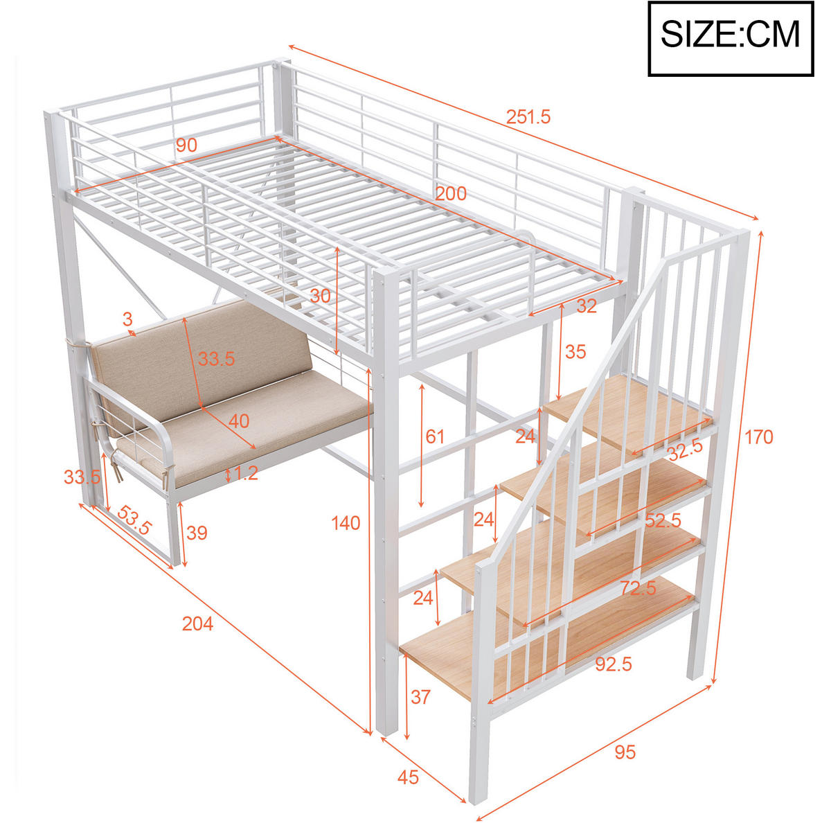 ETAGENBETT 90/200 cm, Weiß mit Stauraumleiter und Polstersofa - Weiß, Metall (90/200cm) - MIVRAY
