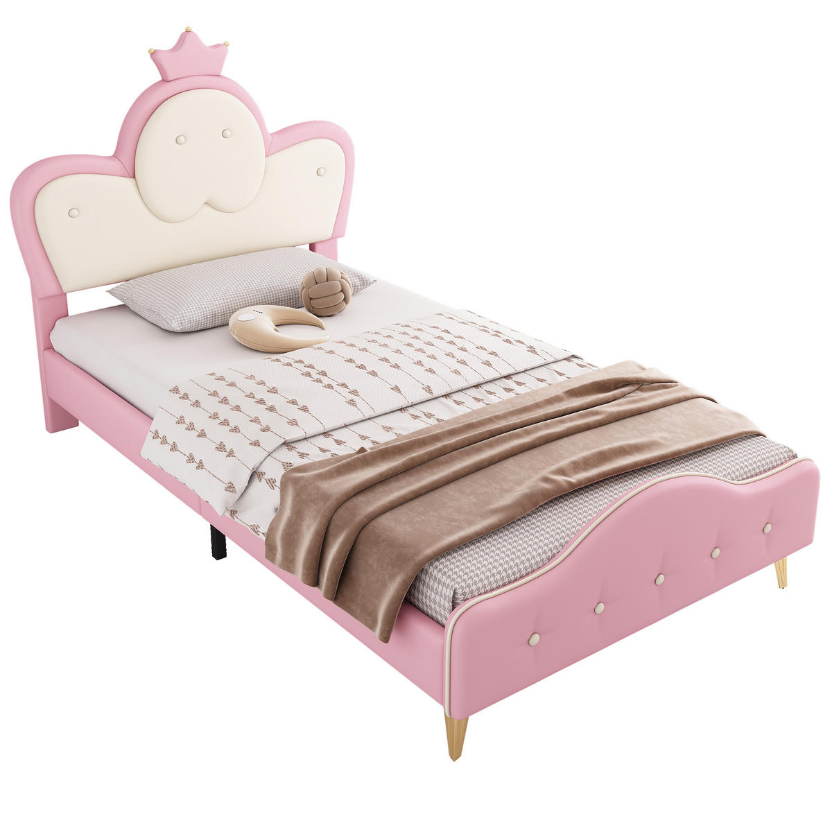 POLSTERBETT 90/200 cm Rosa Weiß mit LED-Beleuchtung und Kopfteil mit Krone - Weiß, Kunststoff (90/200cm) - OKWISH