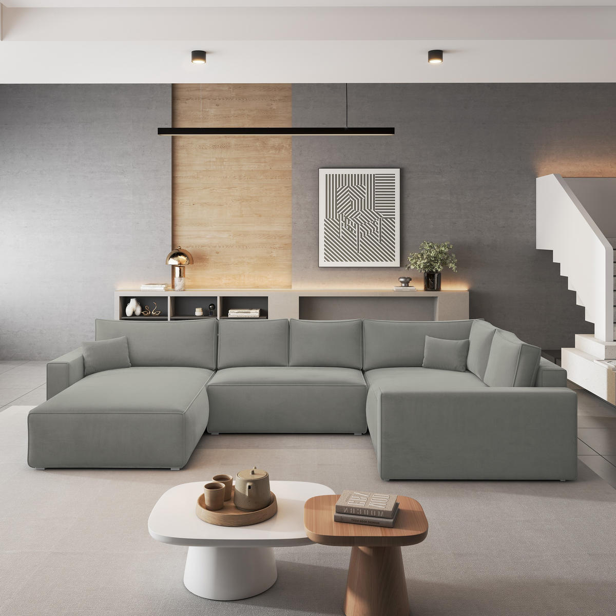 ROHOVÁ SEDAČKA VELAMI světle šedá - šedá/světle šedá, dřevo/textil (365/194cm) - MASSENO