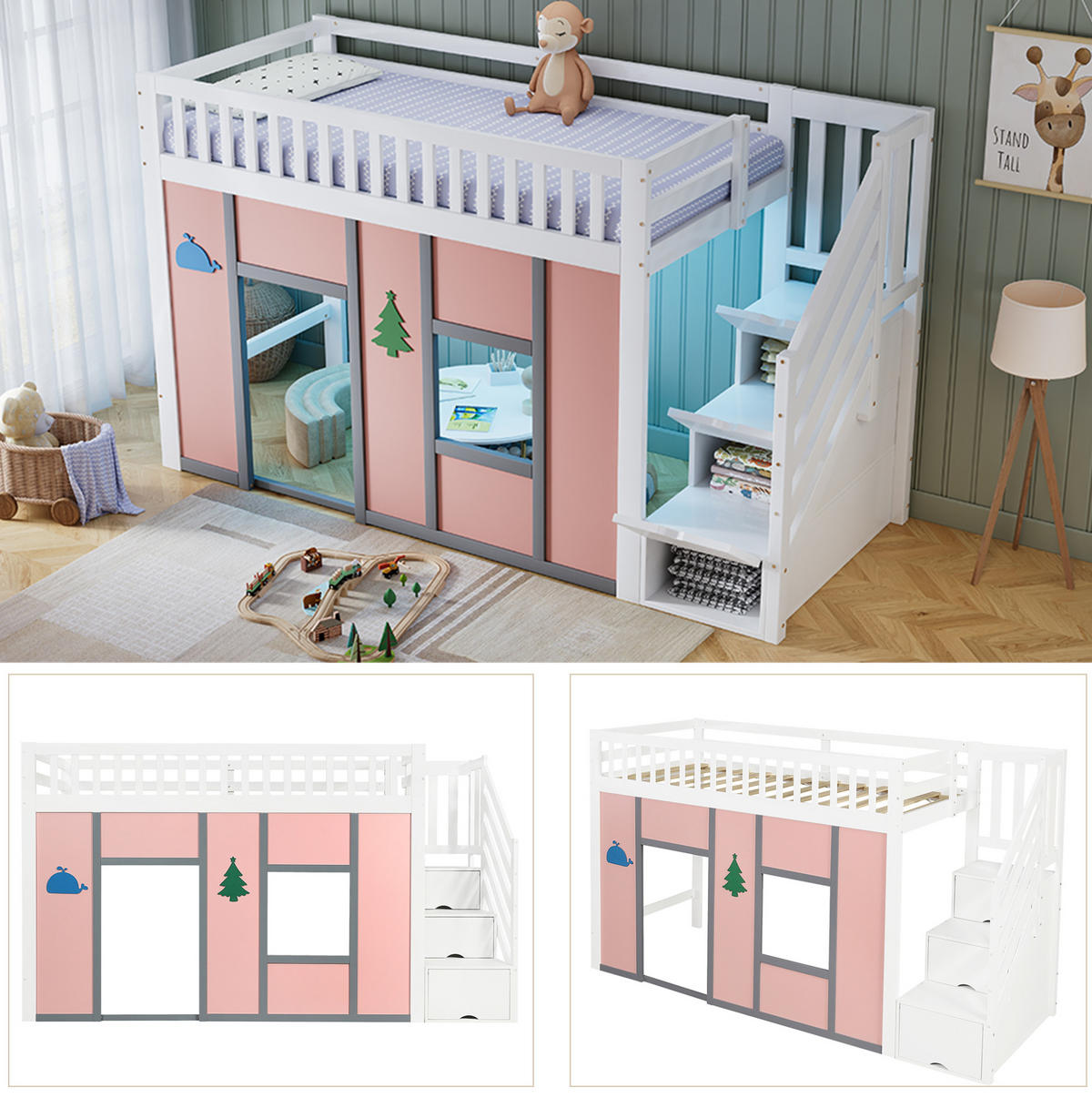 HALBHOCHBETT 90x200 cm in Weiß und Pink mit Stauraumtreppe und LED-Beleuchtung - Weiß, Holz (90/200cm) - IVMEU